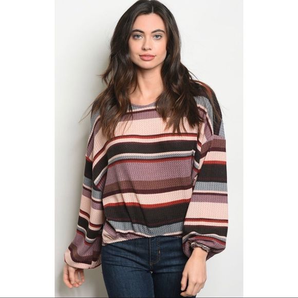 Striped bubble sleeve waffle knit top - Picture 1 of 2